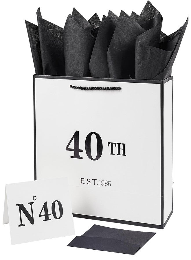 Jaywayang 40th Birthday White and Black Large Gift Bag with Card and Tissue Paper, Metallic Printing Keepsake Gift Vintage Bag for Men Women, 1986 Wife Husband 40 Year Old Party Paper Bag for Wrapping. - Image 1